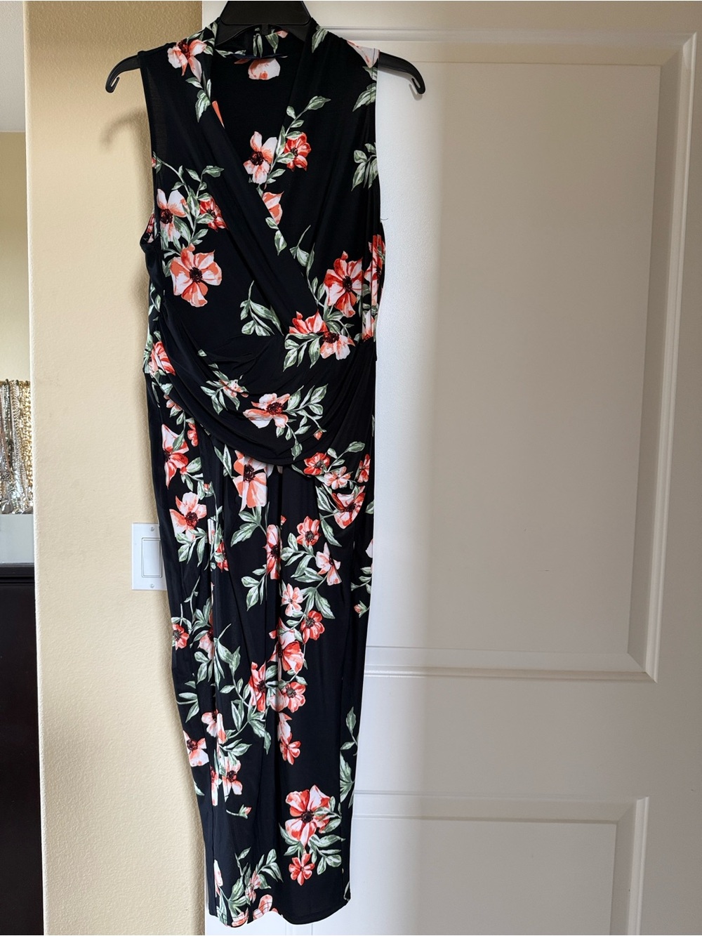 RACHEL Rachel Roy Black Floral Dress with Peach &Green Accents wrap front& skirt